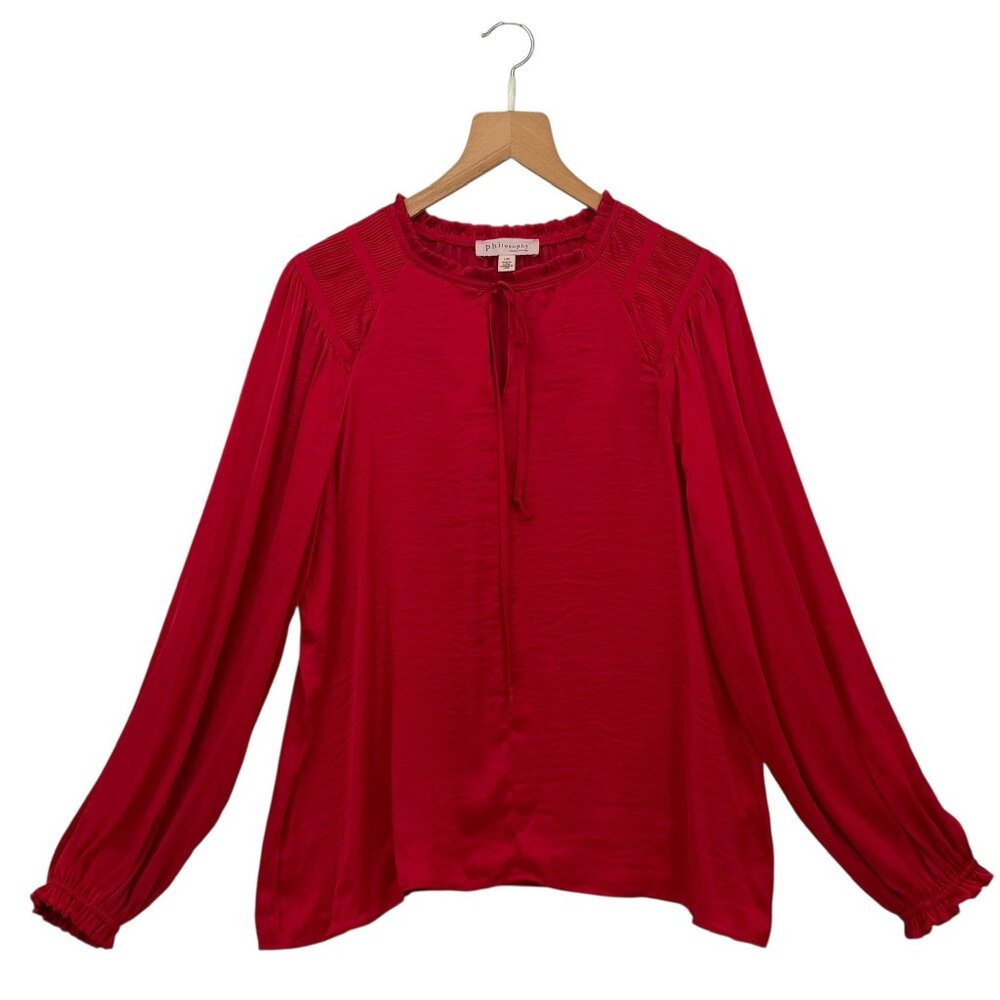 Philosophy Republic Clothing Red Silky Front Tie Ruffle Blouse L